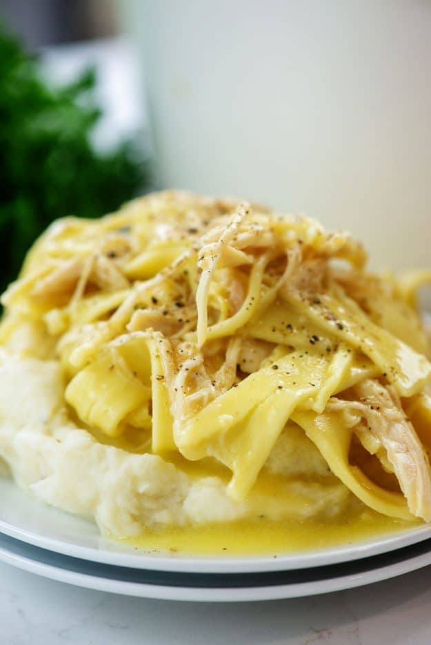 Amish chicken and noodles piled over mashed potatoes.