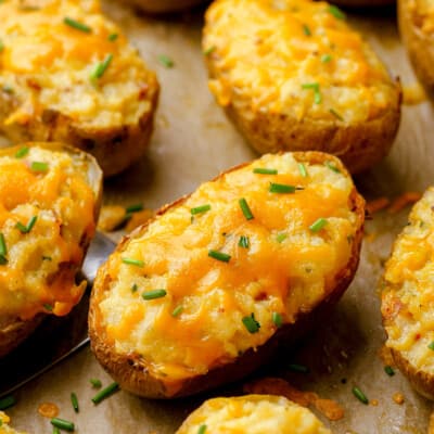 twice baked potatoes on baking sheet.