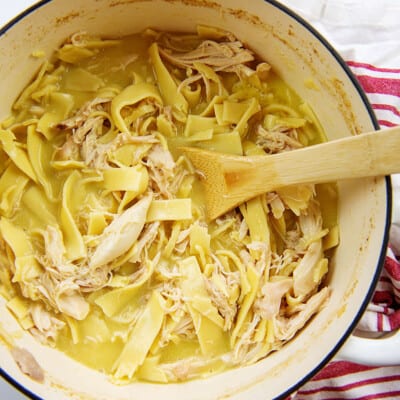 pot of Amish chicken and noodles.