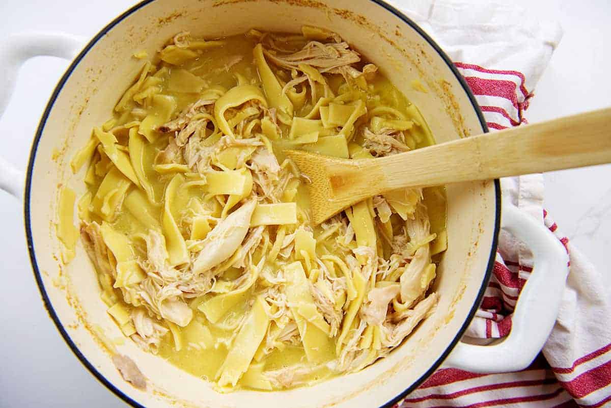 pot of Amish chicken and noodles.