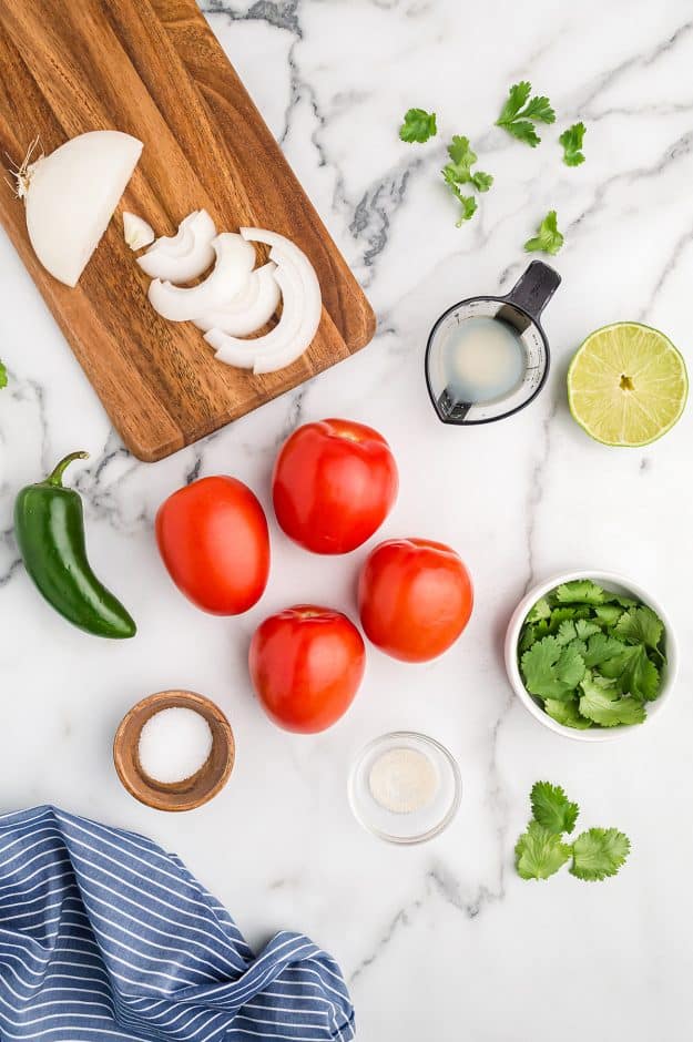 overhead view of ingredients for pico de gallo on white countertop.