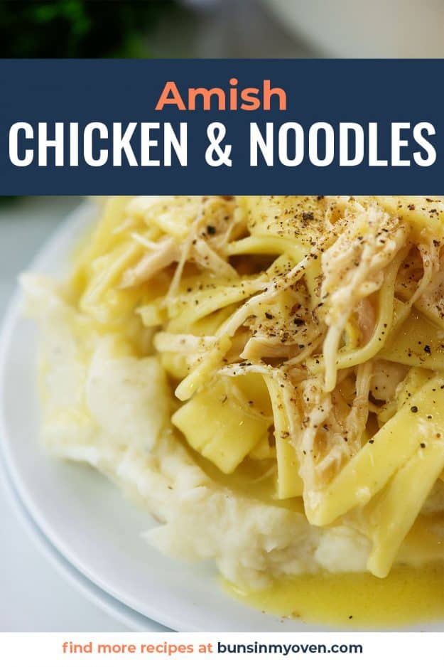 chicken and noodles over mashed potatoes on white plate.