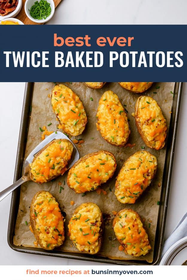 overhead view of twice baked potatoes on baking sheet.