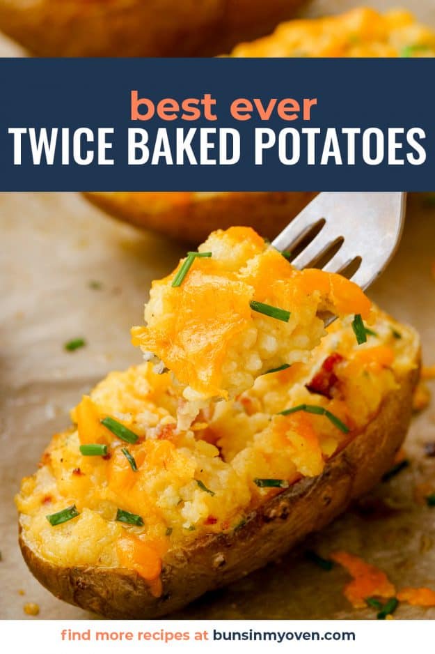 fork scooping out a bite of twice baked potatoes.