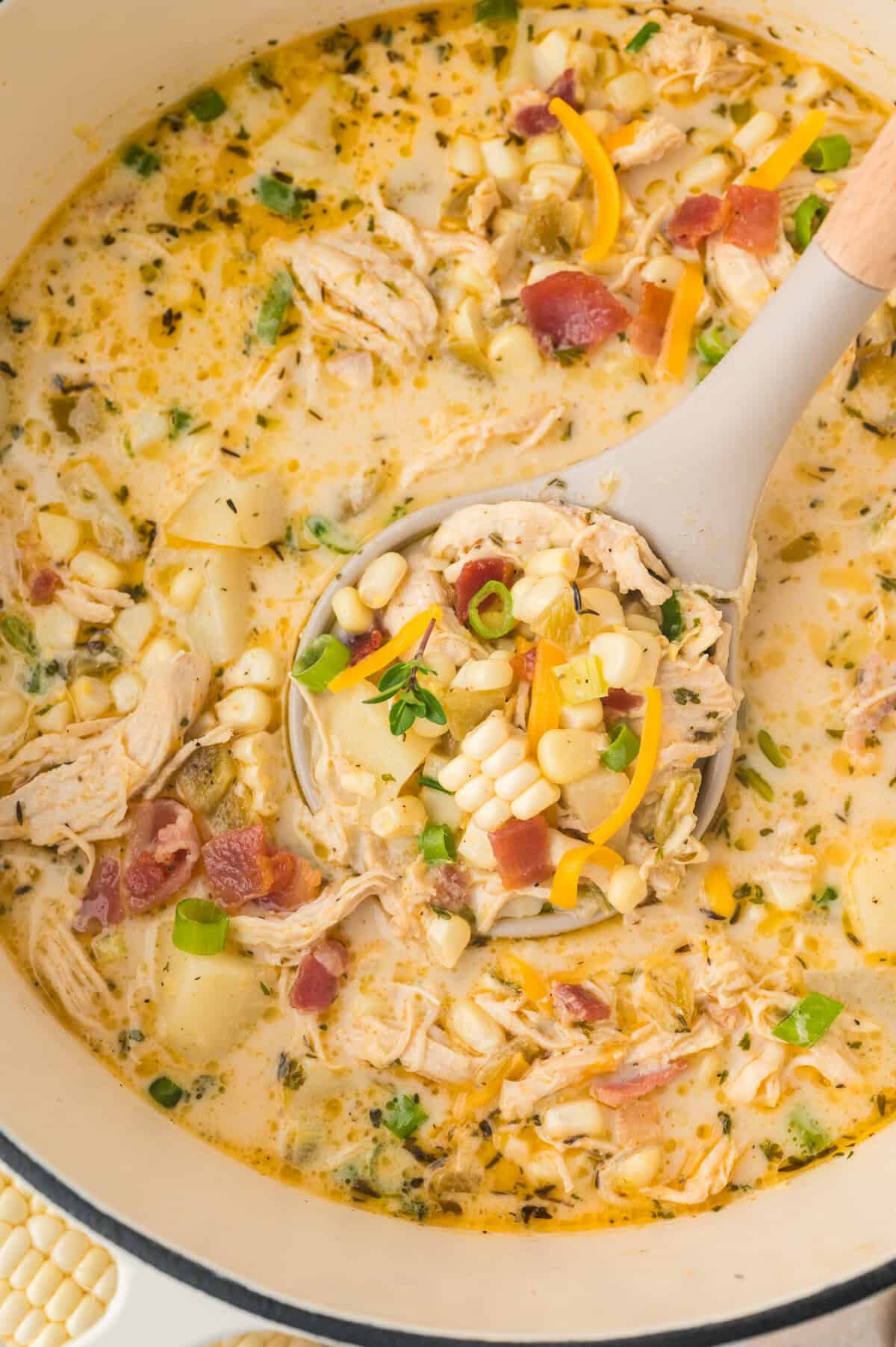 Chicken corn chowder in pot with ladle.