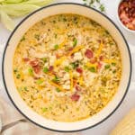 Pot of corn chowder.