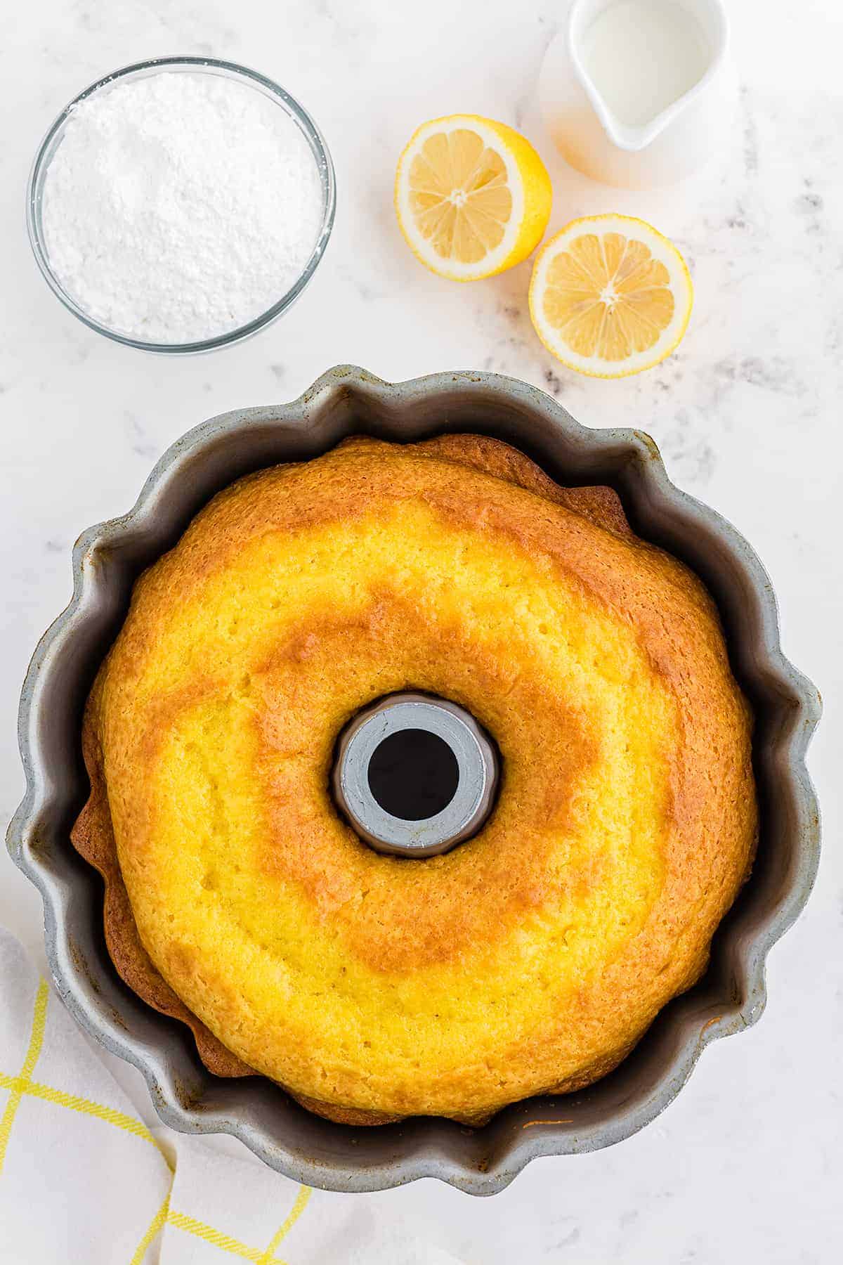 baked cake in bundt pan.