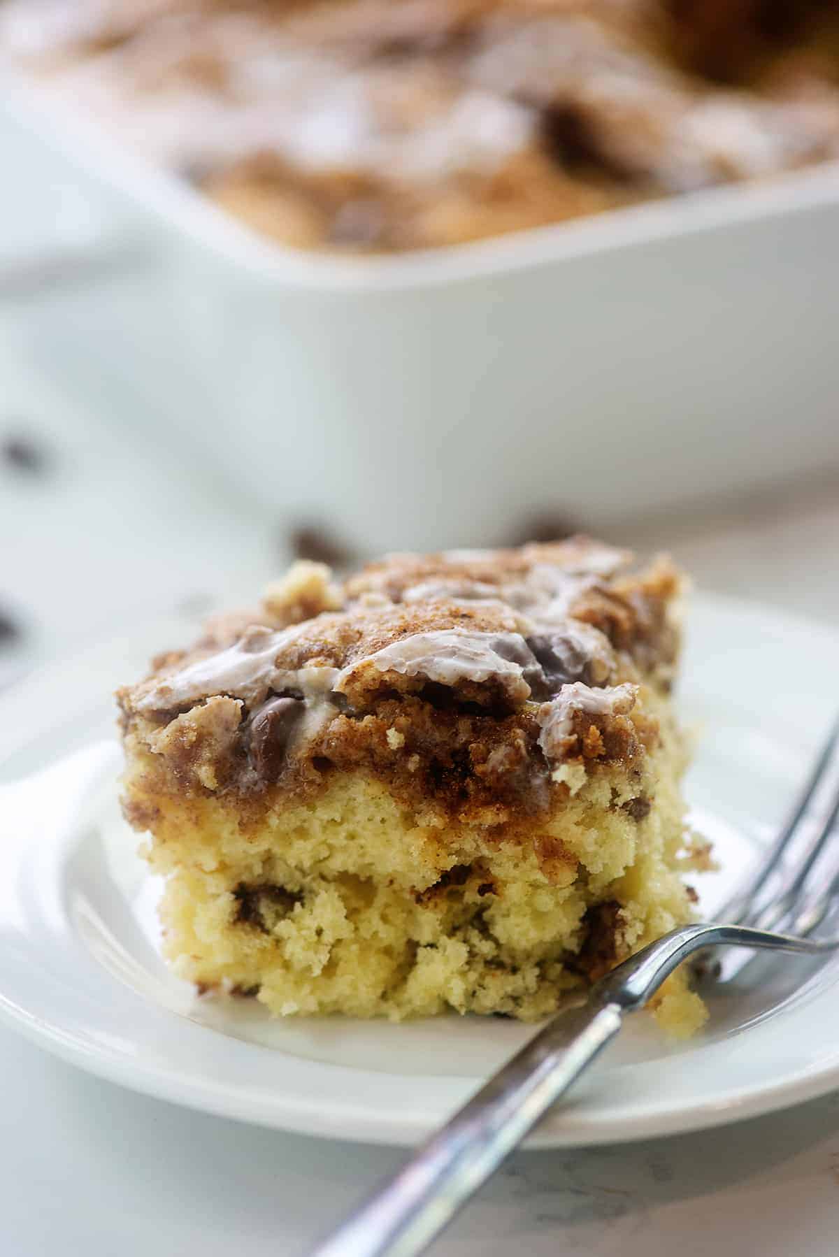 slice of breakfast cake on white plate.