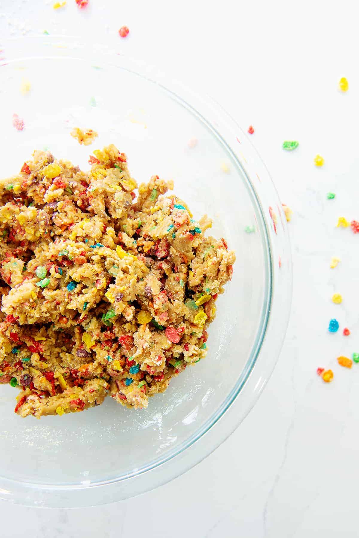 cookie dough batter in glass mixing  bowl.