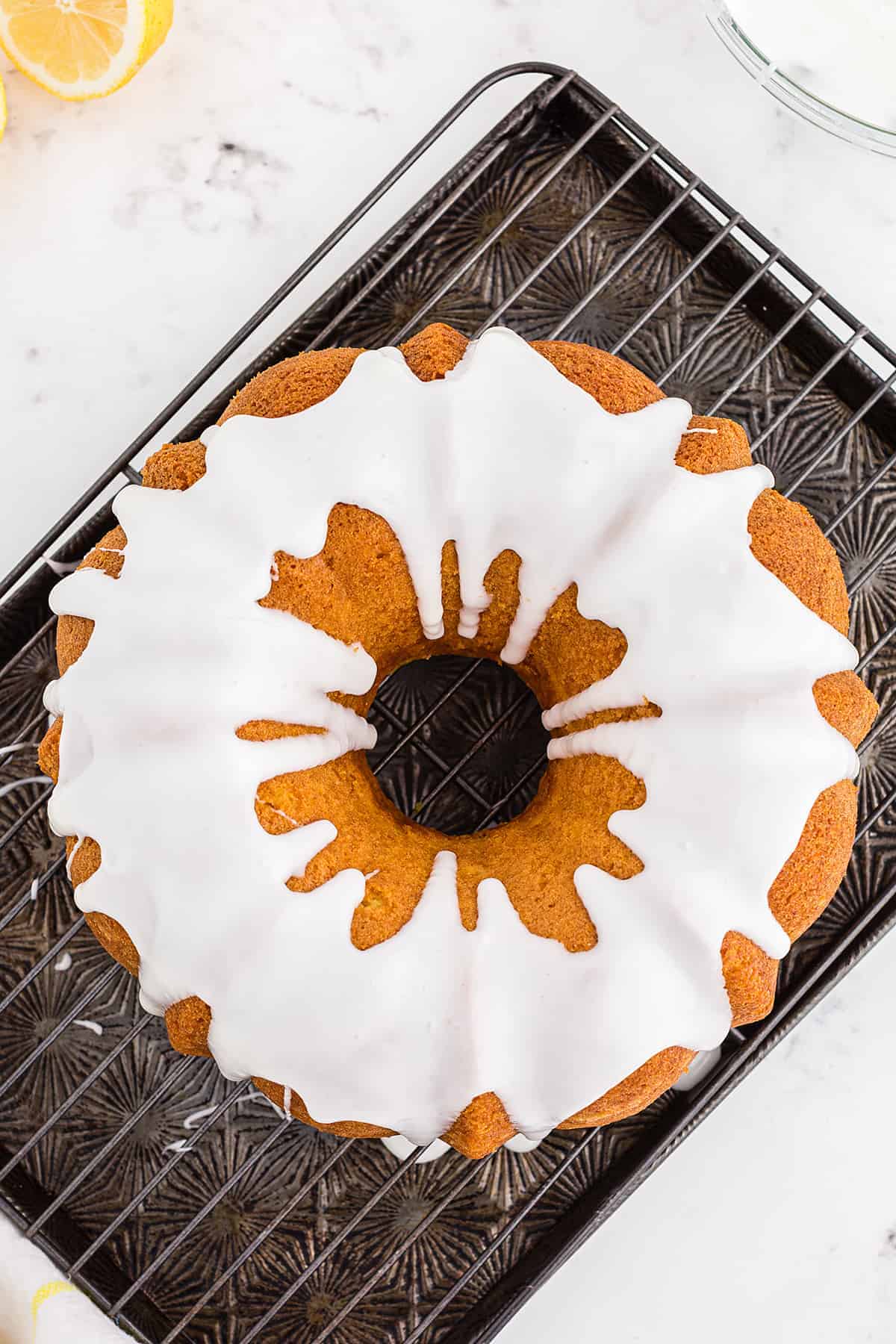 bundt cake topped with lemon glaze. 