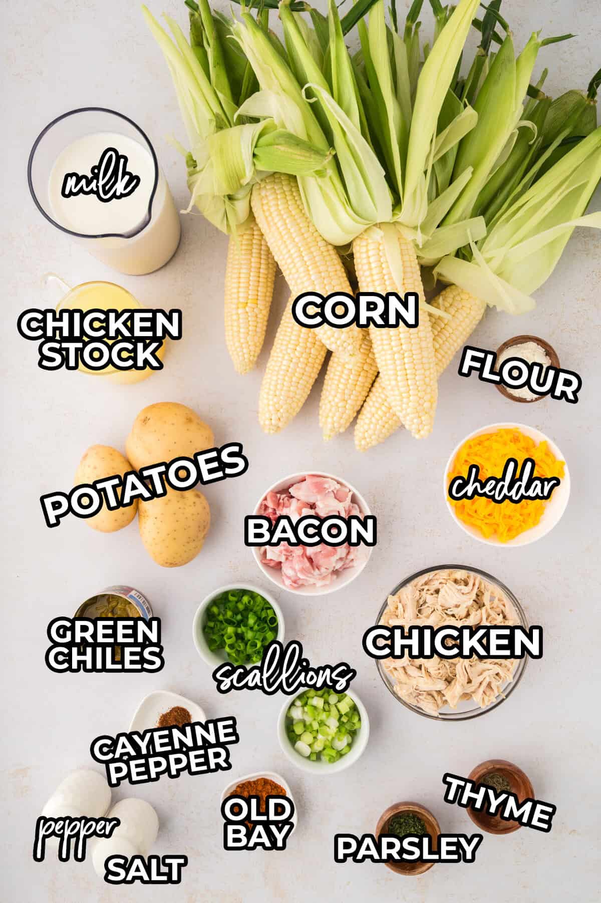 Ingredients for corn and chicken chowder recipe.