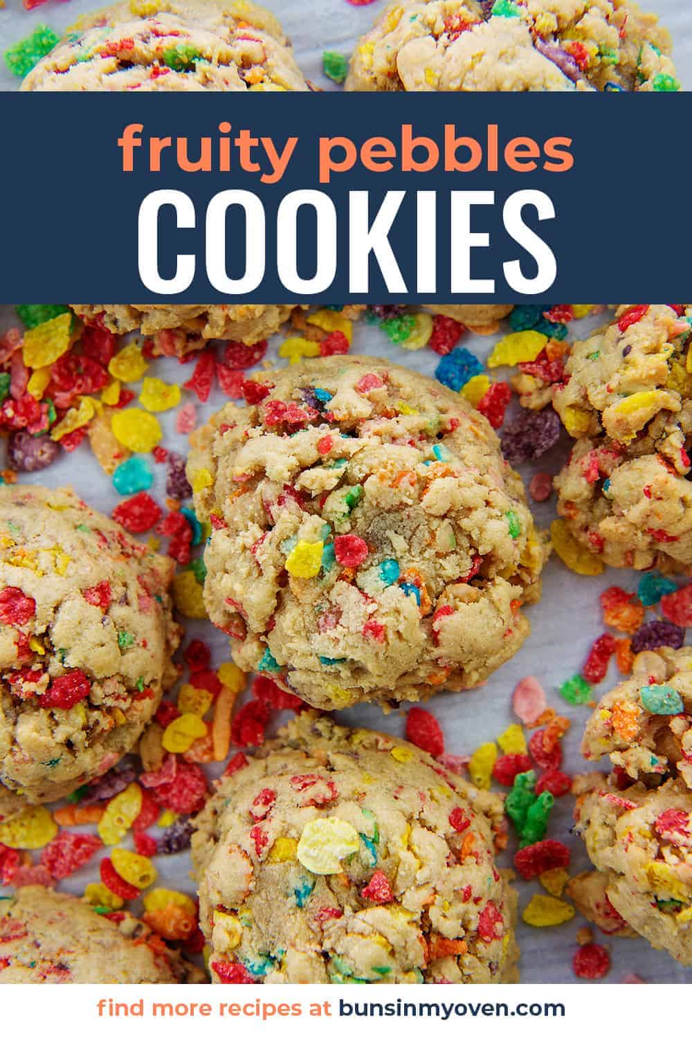 overhead view of cereal cookies on baking sheet with text for Pinterest.