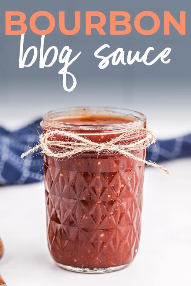 bourbon bbq sauce recipe in mason jar with text for pinterest.