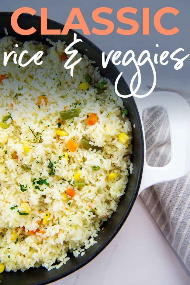 overhead view of rice and veggies in skillet.