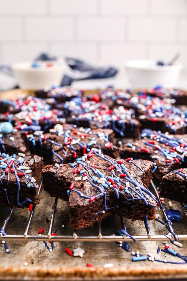 brownies decorated for the 4th of July with red, white, and blue sprinkles.