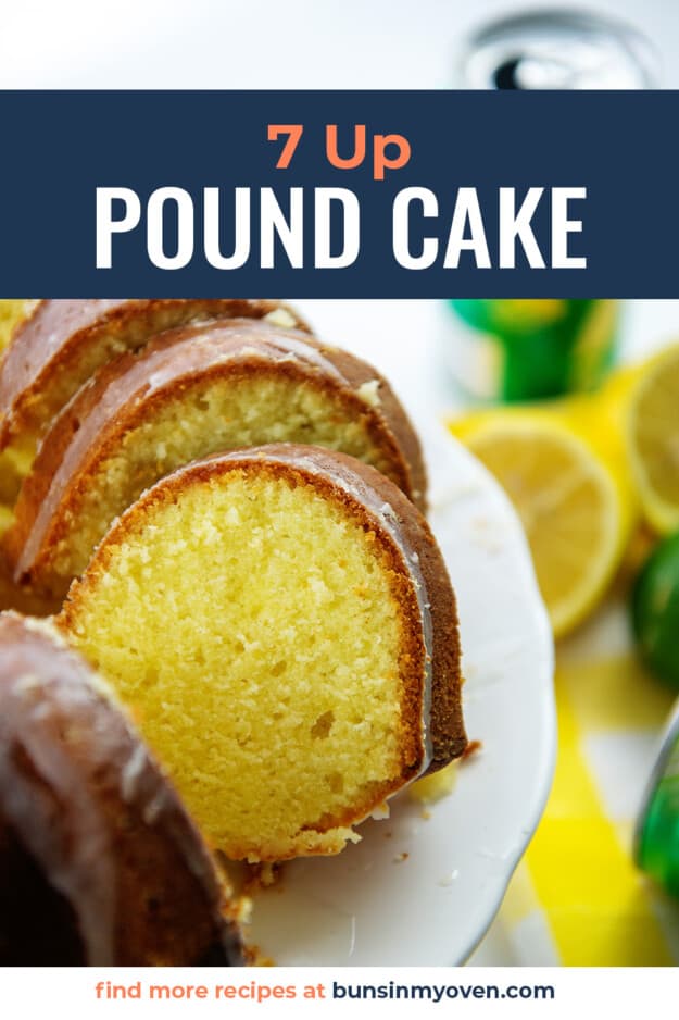 sliced lemon pound cake on white cake stand.