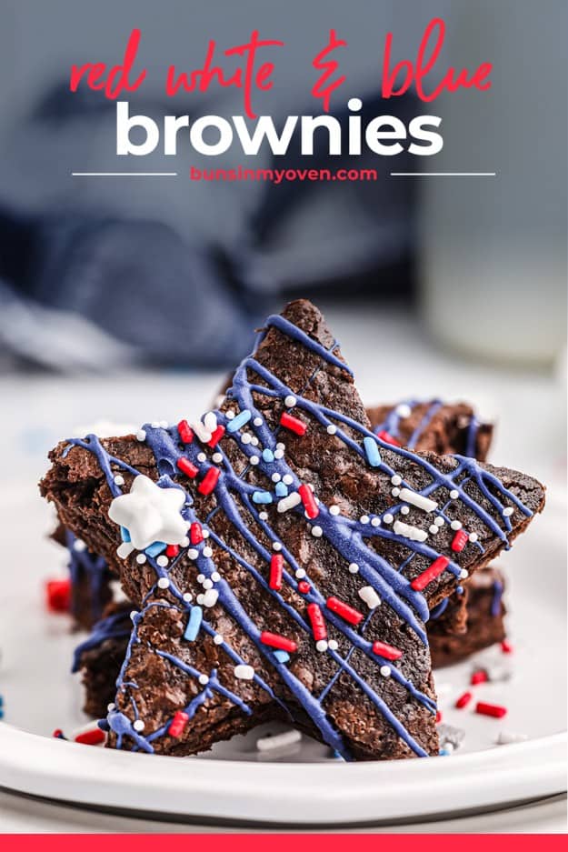 Fourth of July brownies stacked on plate.