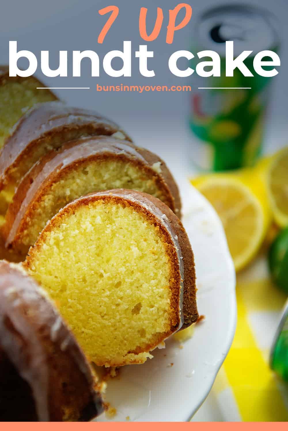 7 up pound cake on white cake stand with text for Pinterest.