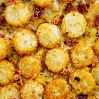 tots layered over cheesy beef.