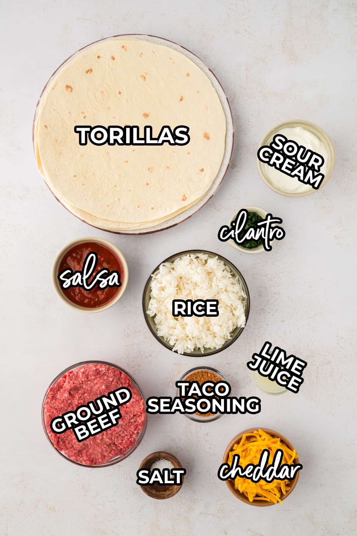 Ingredients for burrito casserole recipe.