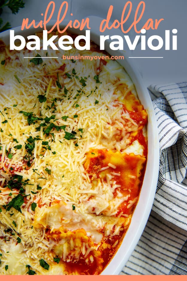 cheesy ravioli casserole in baking dish.