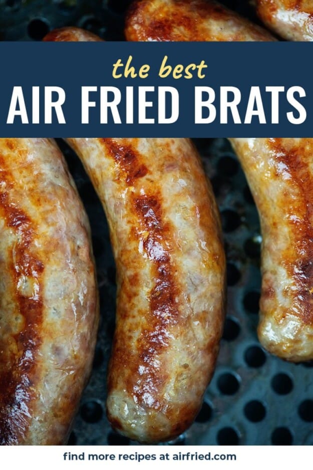 brats in air fryer basket with text for Pinterest.