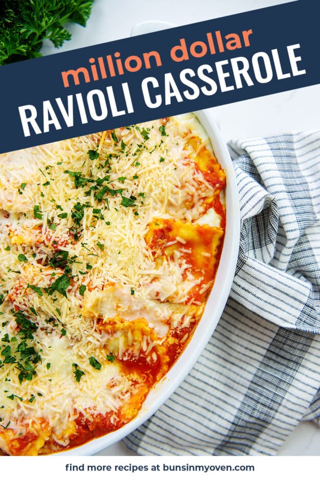 baked ravioli casserole in white dish.