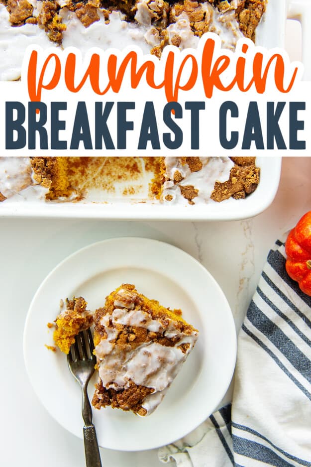 slice of pumpkin cake on white plate with text for pinterest.
