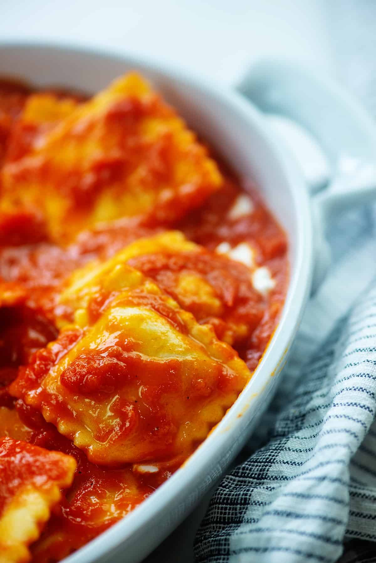 ravioli in baking dish.