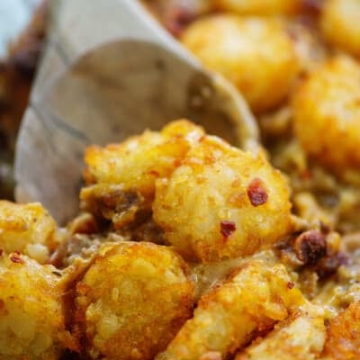 cheeseburger tater tot casserole on spoon.