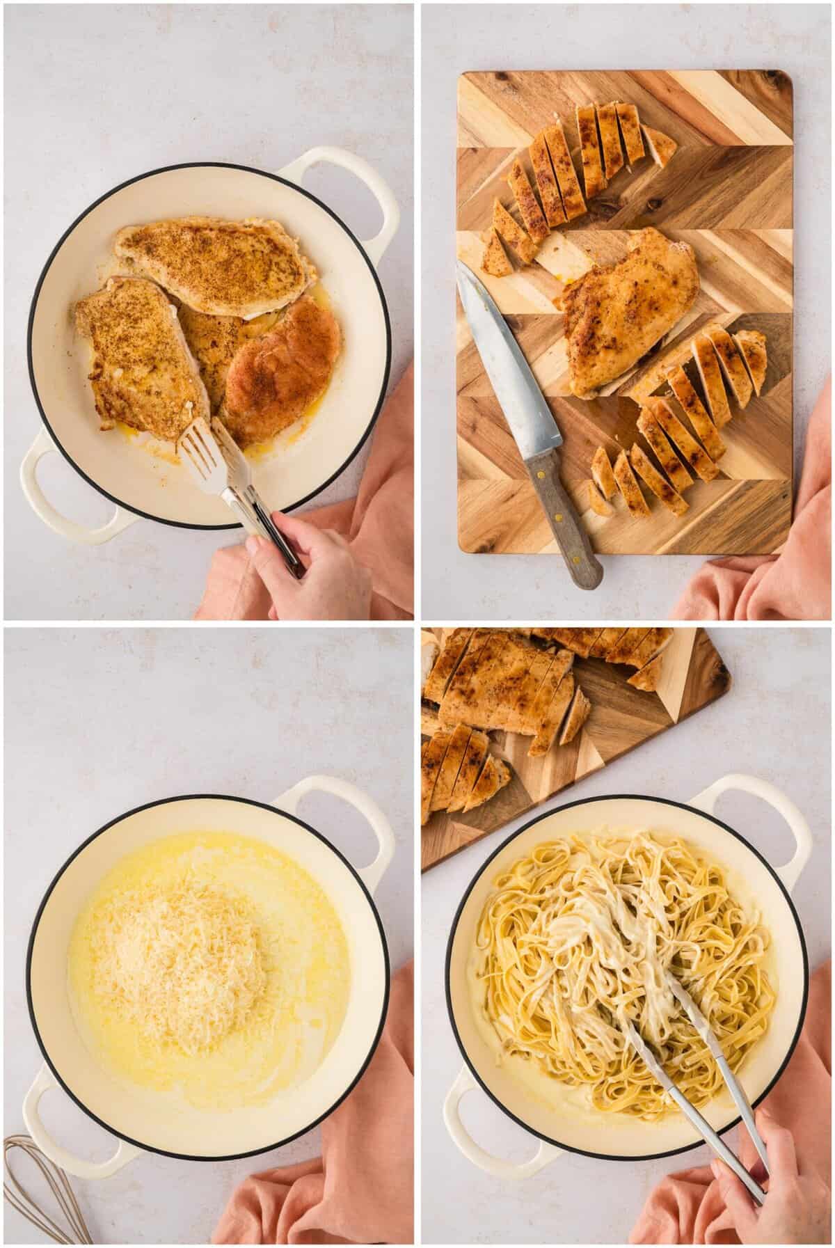 Collage showing how to make cajun chicken alfredo.