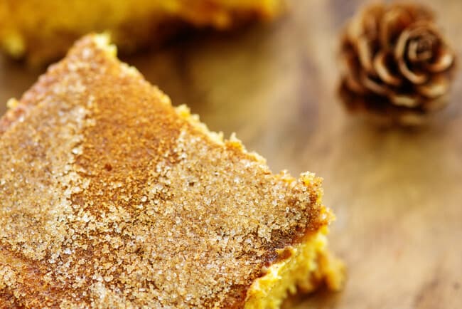 snickerdoodle pumpkin cheesecake bars on wooden cutting board.