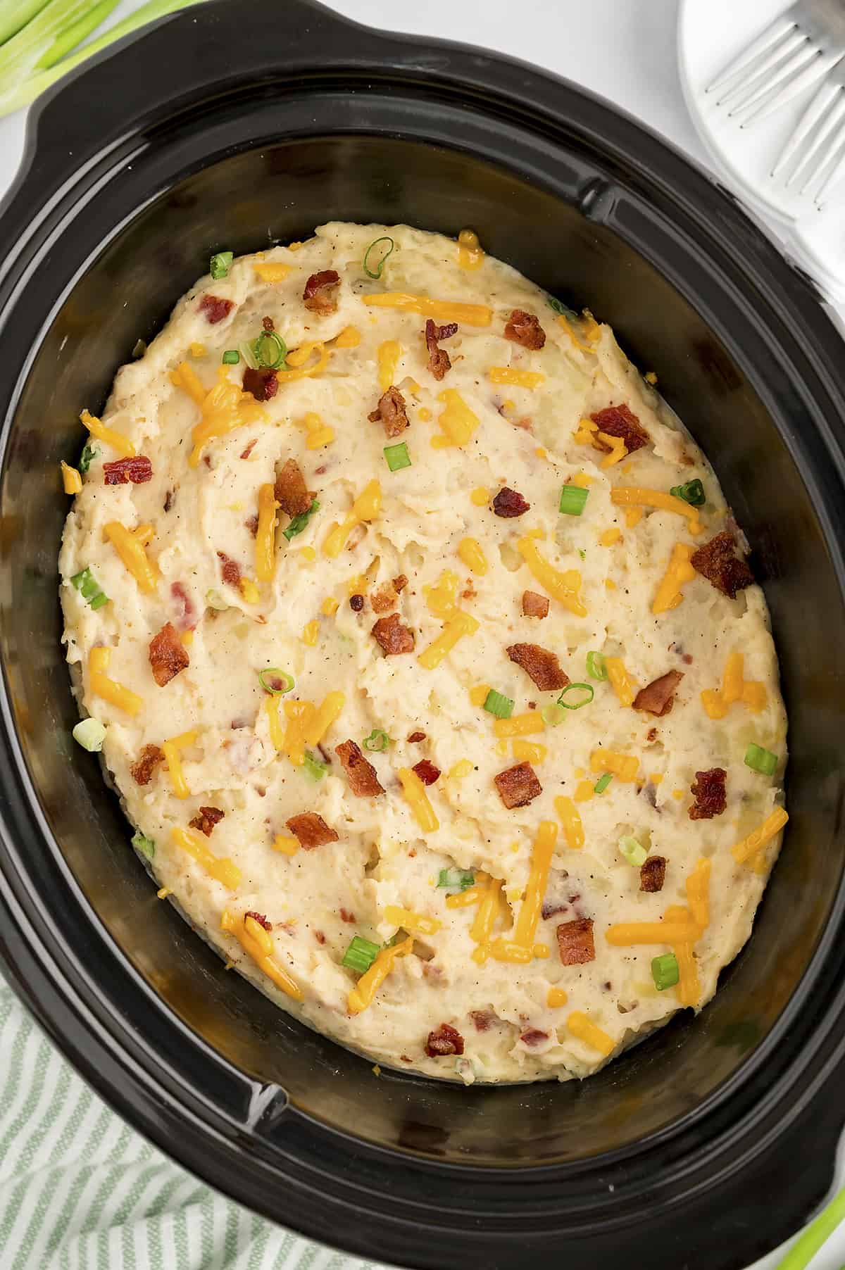 Loaded mashed potatoes in crockpot.