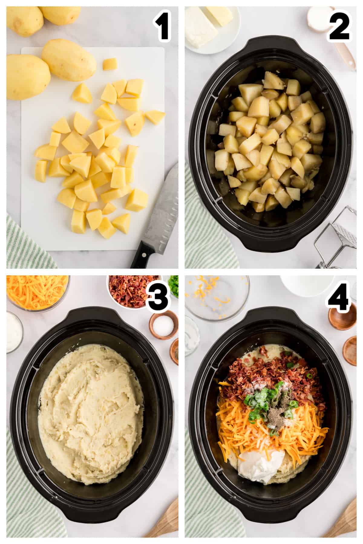 Collage showing how to make loaded mashed potatoes in the crockpot.