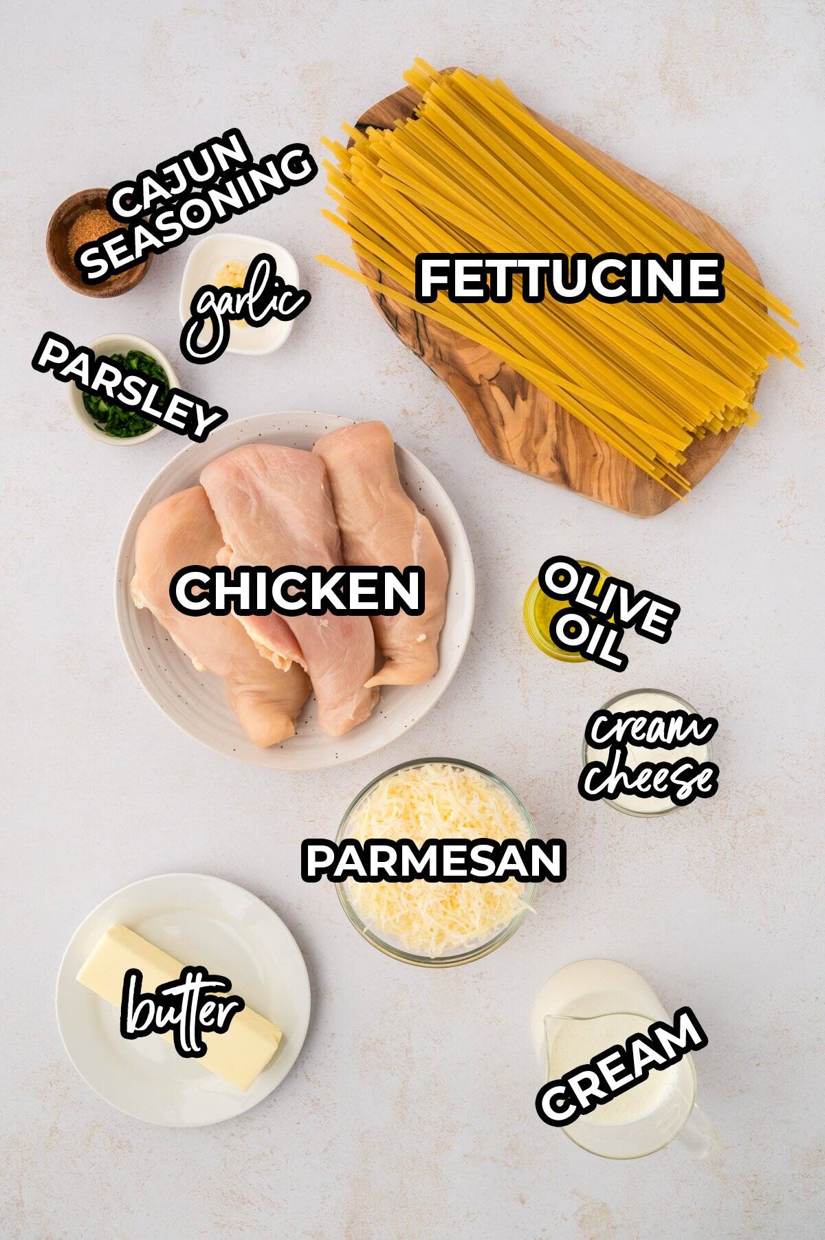 Ingredients for Cajun chicken alfredo recipe.