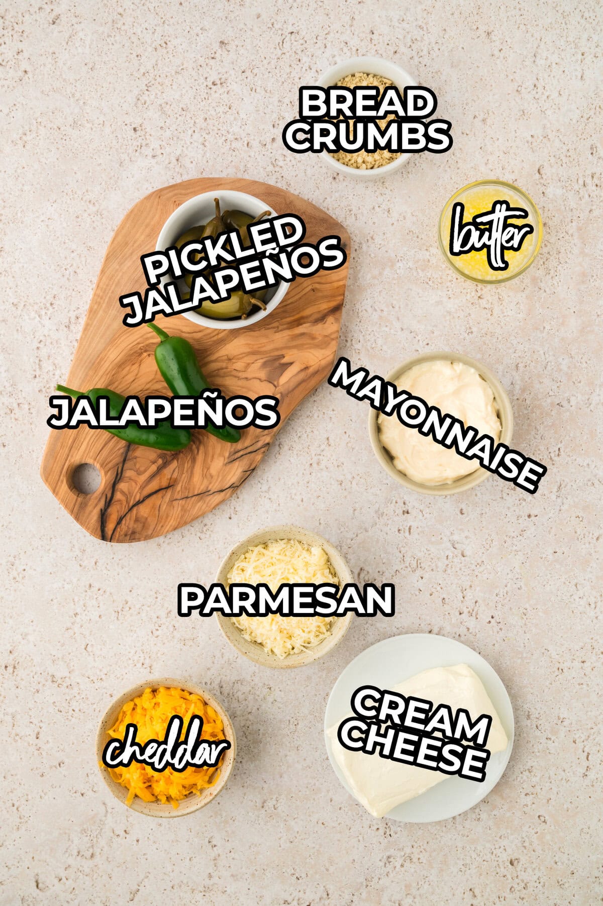 Ingredients for jalapeno cream cheese dip recipe laid out on counter.
