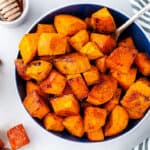 overhead view of sweet potatoes in bowl.