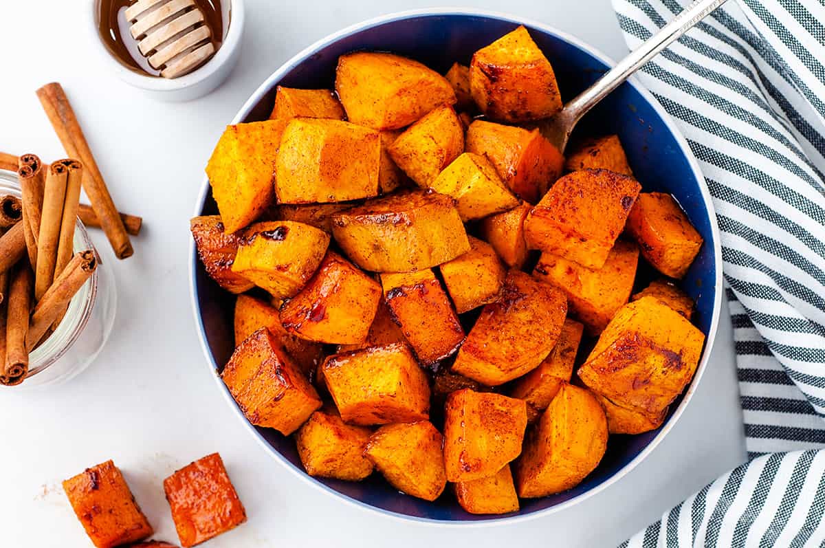 overhead view of sweet potatoes in bowl.