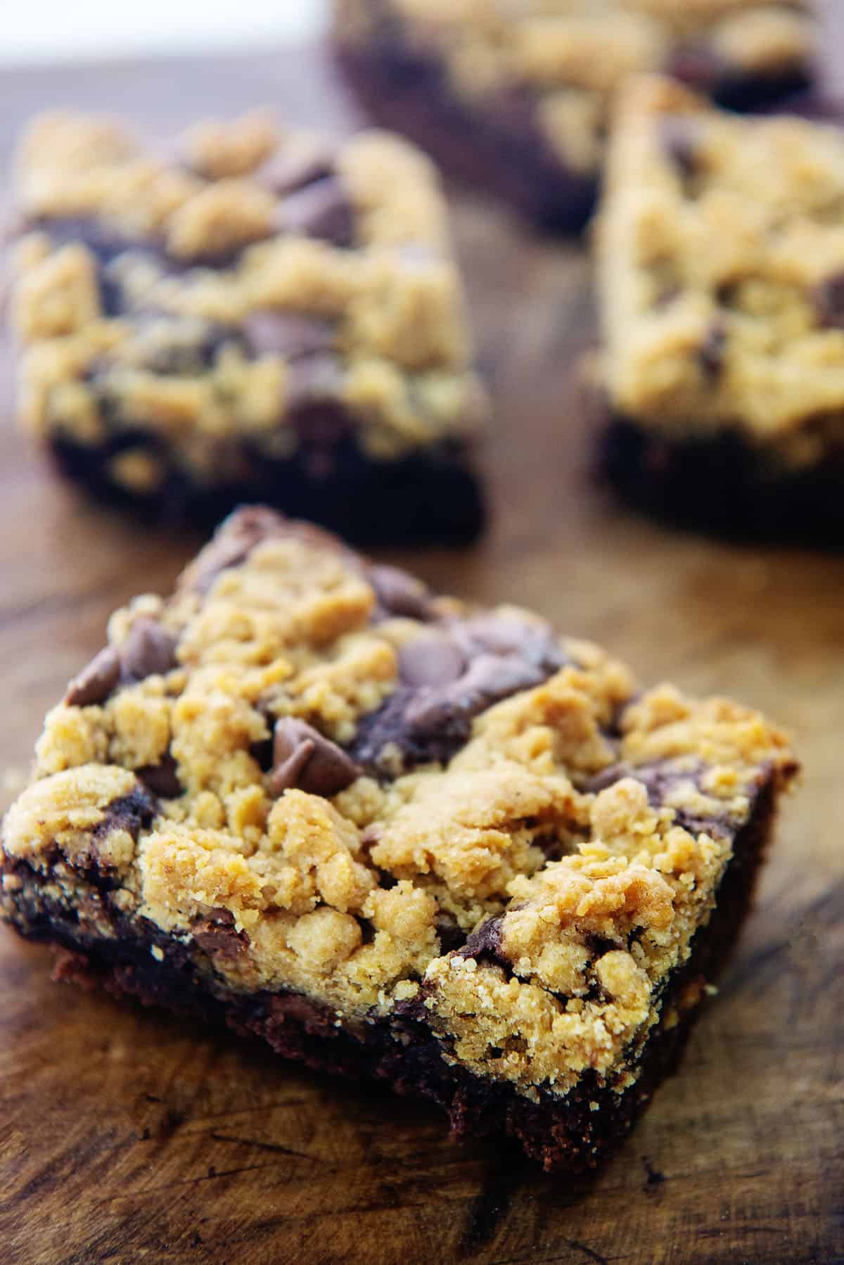 peanut butter brookies on wooden cutting board.