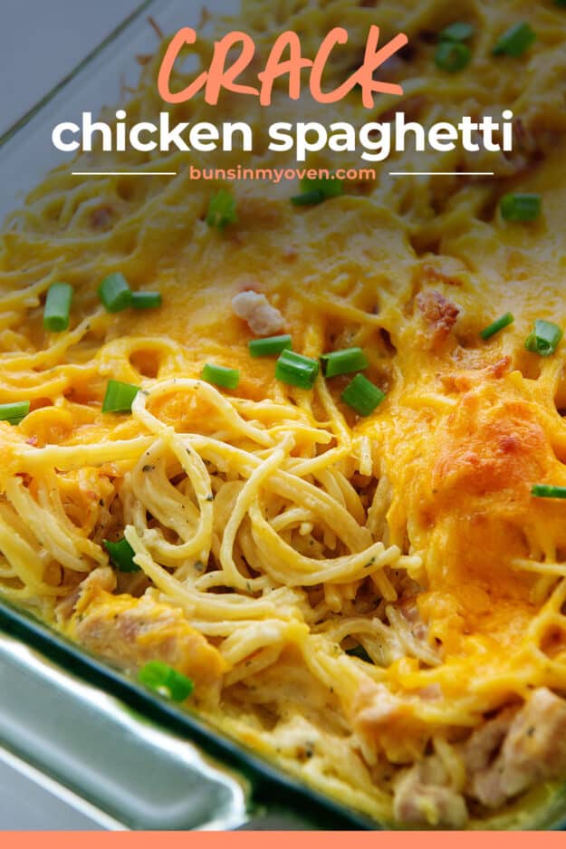 chicken spaghetti in glass baking dish.