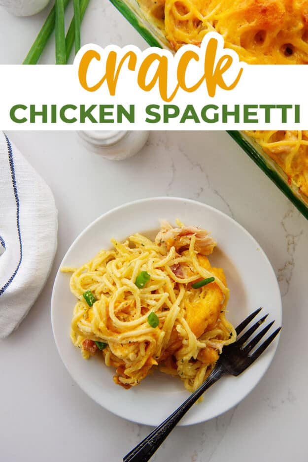 plate full of chicken spaghetti with text for Pinterest.