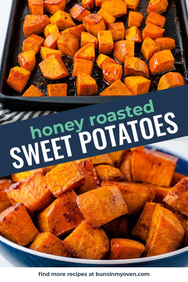 collage of roasted sweet potato cubes.