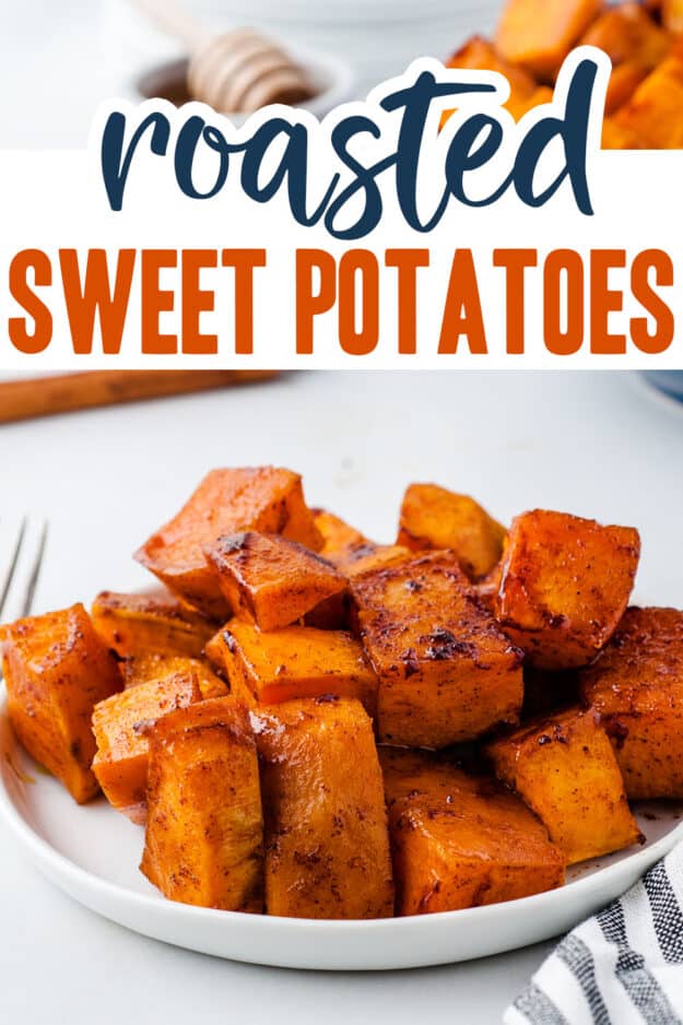 sweet potatoes tossed in cinnamon on white plate.