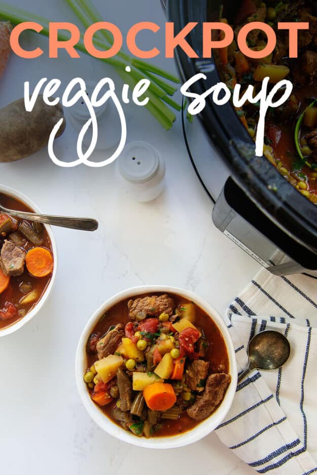 overhead view of vegetable soup with text for Pinterest.