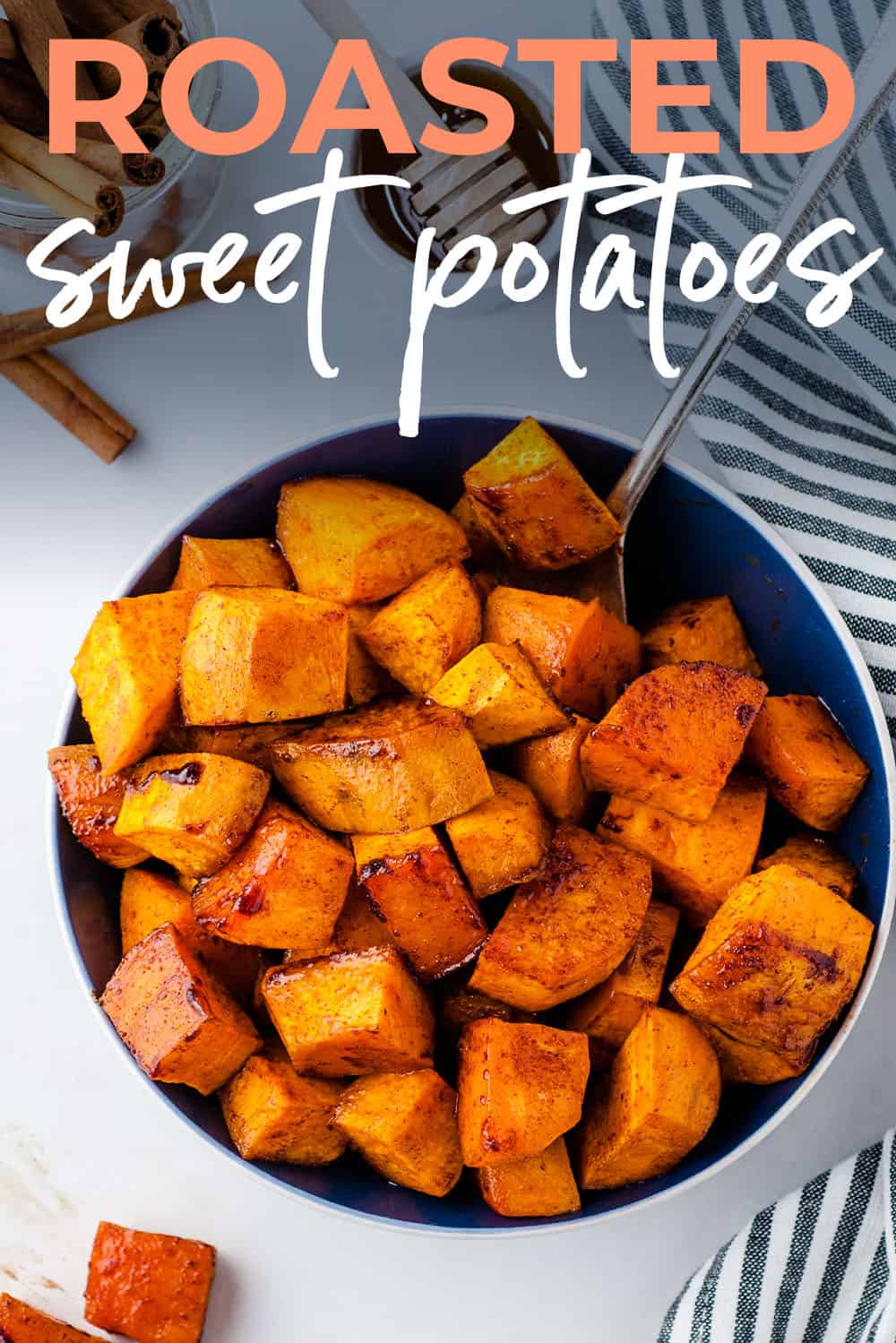 roasted sweet potatoes in blue bowl.