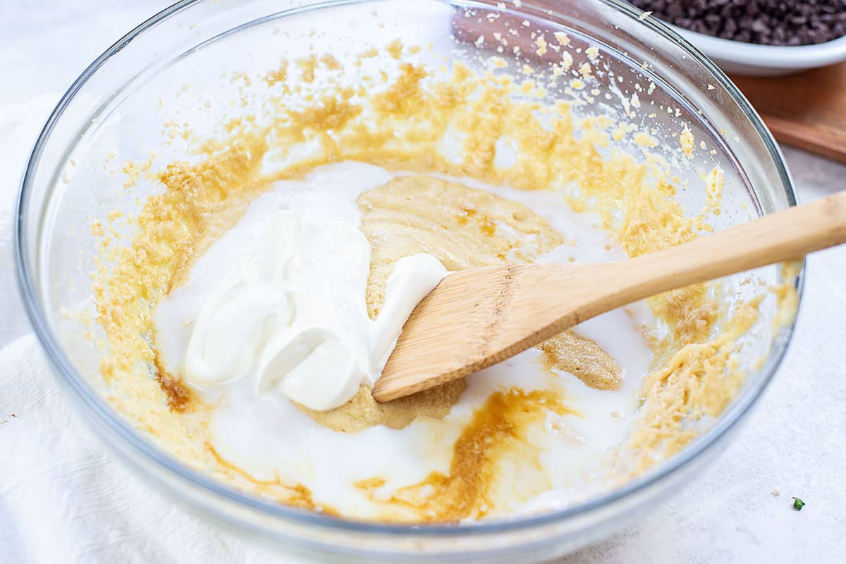 muffin batter in glass bowl.