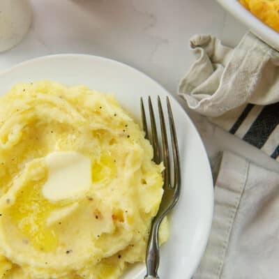 mashed potatoes on white plate.