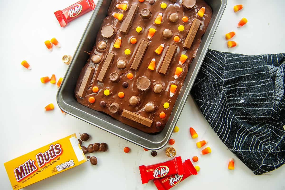 brownies in pan surrounded by candy.