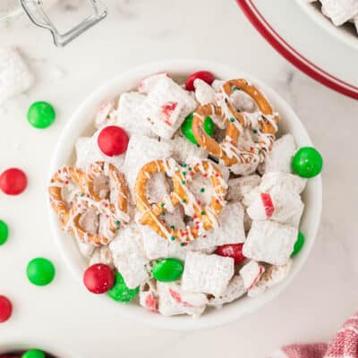 Christmas Chex Mix in bowls.