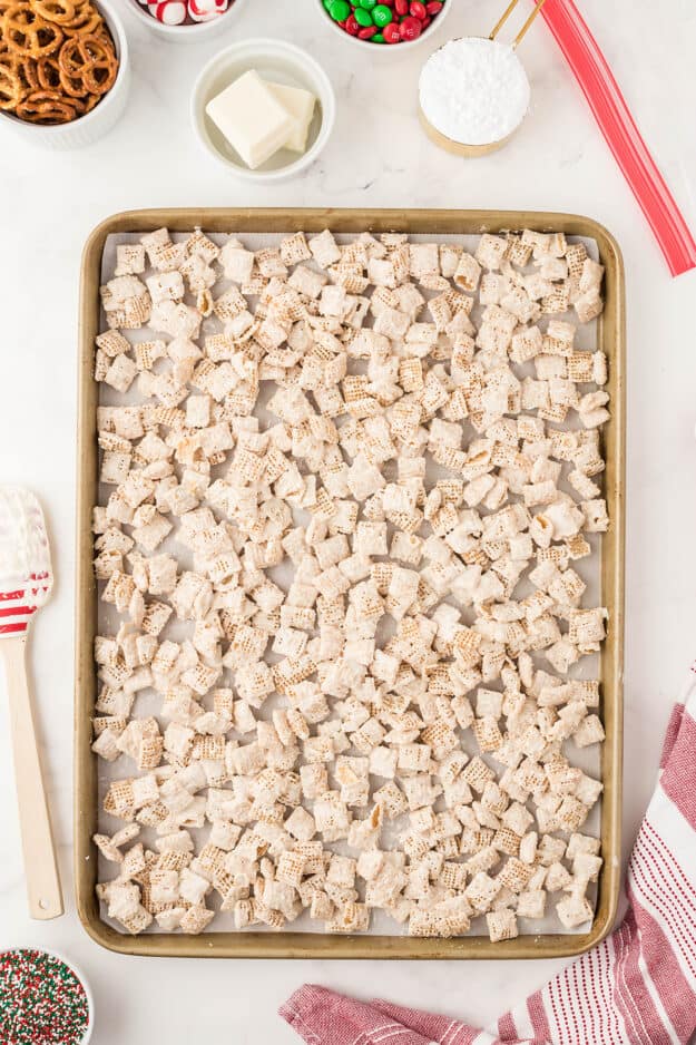 Chex cereal coated in white chocolate.